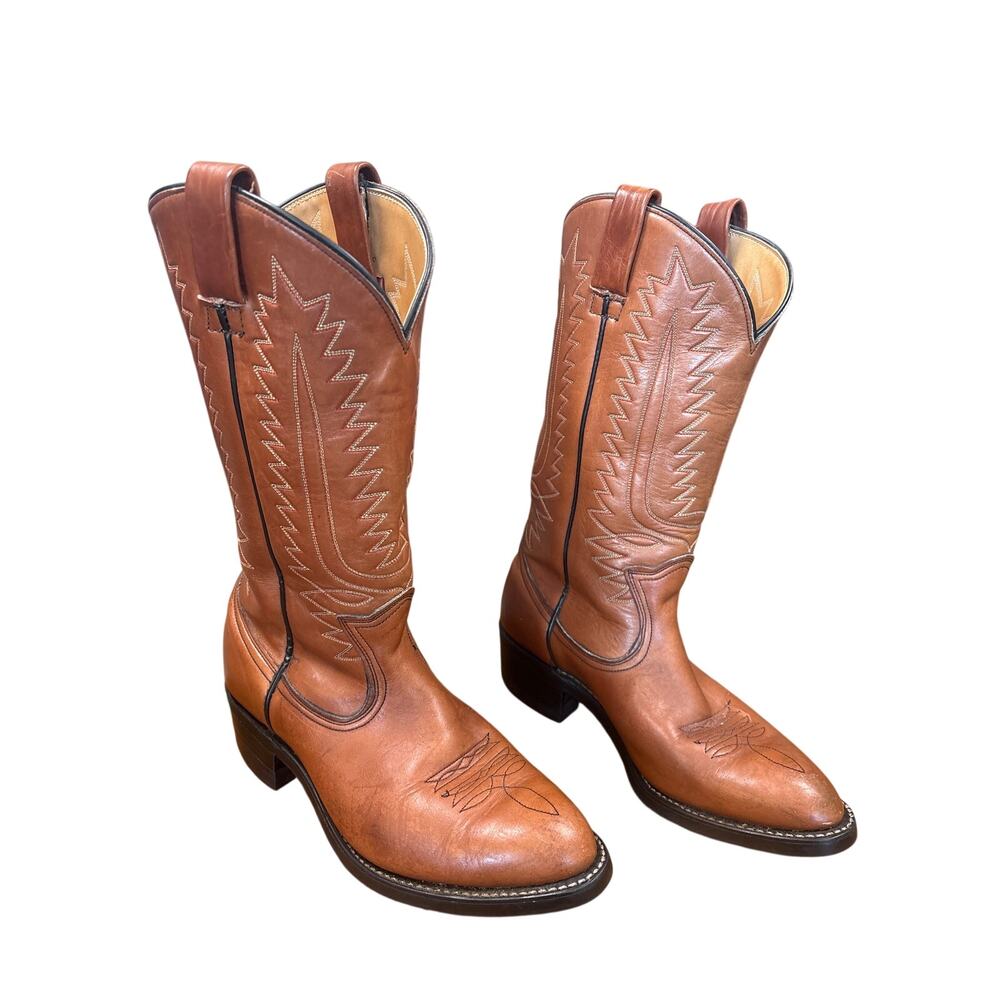Vintage 90s Brown Leather Cowboy Boot size 9 M3921 stitched embroidered